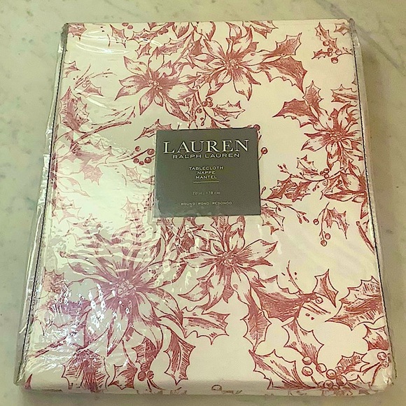 RALPH LAUREN TABLECLOTH NAPPE RED WHITE  POINSETTIA ROUND NWT COTTON 70 - Picture 1 of 7